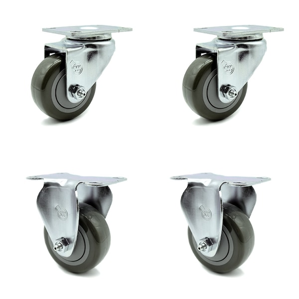 3 Inch Gray Polyurethane Wheel Swivel Top Plate Caster Set with 2 Rigid SCC